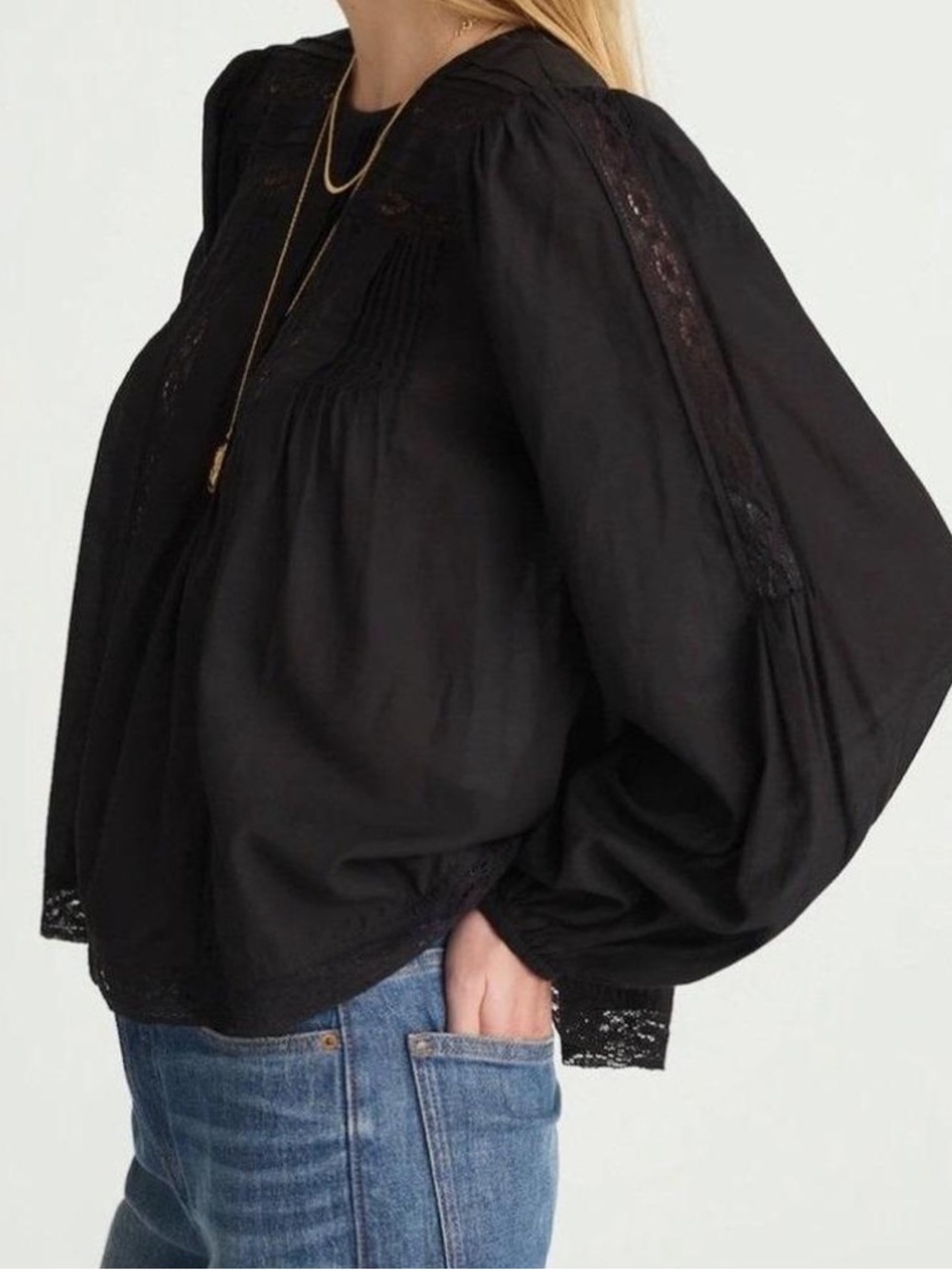 Madewell Lace-Insert Pintucked Long-Sleeve Top Size XS